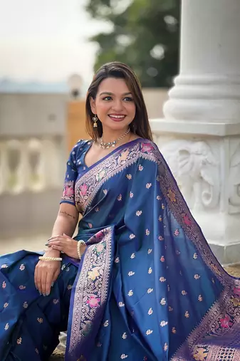 Teal soft banarasi silk blend meenakari weaving saree with unstitched blouse