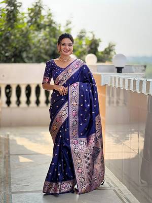 Navyblue soft banarasi silk blend meenakari weaving saree with unstitched blouse 1