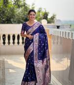 Navyblue soft banarasi silk blend meenakari weaving saree with unstitched blouse