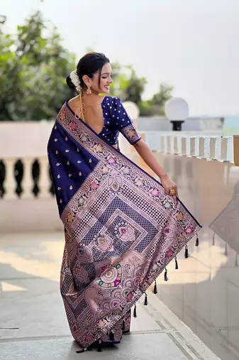 Navyblue soft banarasi silk blend meenakari weaving saree with unstitched blouse