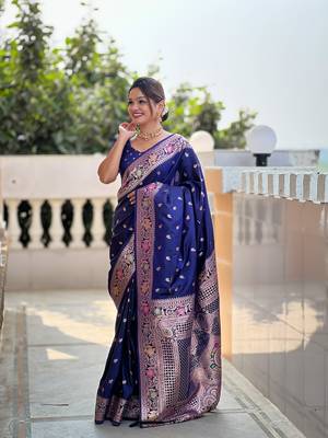 Navyblue soft banarasi silk blend meenakari weaving saree with unstitched blouse 3