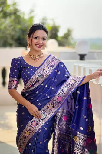 Navyblue soft banarasi silk blend meenakari weaving saree with unstitched blouse
