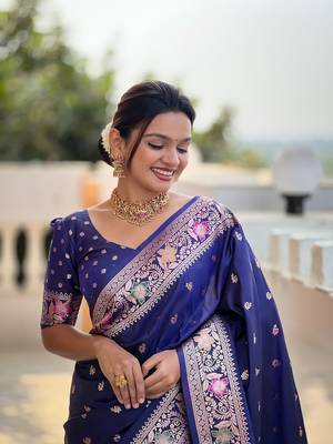 Navyblue soft banarasi silk blend meenakari weaving saree with unstitched blouse 5