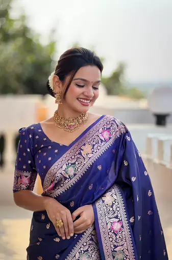 Navyblue soft banarasi silk blend meenakari weaving saree with unstitched blouse
