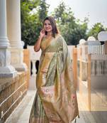 Pista soft banarasi silk blend meenakari weaving saree with unstitched blouse