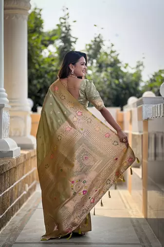 Pista soft banarasi silk blend meenakari weaving saree with unstitched blouse