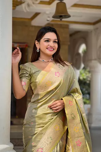 Pista soft banarasi silk blend meenakari weaving saree with unstitched blouse