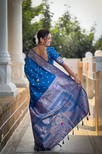 Skyblue soft banarasi silk blend meenakari weaving saree with unstitched blouse
