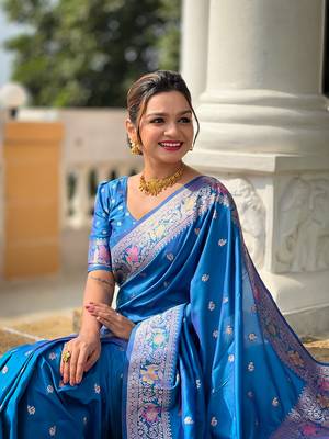 Skyblue soft banarasi silk blend meenakari weaving saree with unstitched blouse 4