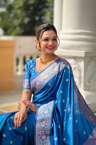Skyblue soft banarasi silk blend meenakari weaving saree with unstitched blouse