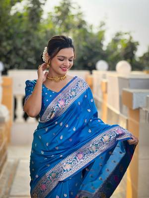 Skyblue soft banarasi silk blend meenakari weaving saree with unstitched blouse 5