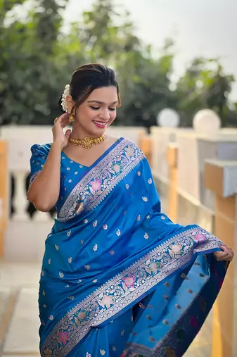 Skyblue soft banarasi silk blend meenakari weaving saree with unstitched blouse