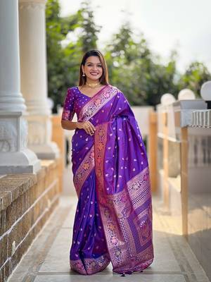 Violet soft banarasi silk blend meenakari weaving saree with unstitched blouse 1