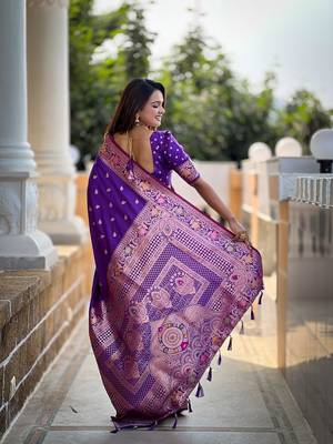 Violet soft banarasi silk blend meenakari weaving saree with unstitched blouse 2