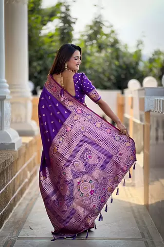 Violet soft banarasi silk blend meenakari weaving saree with unstitched blouse