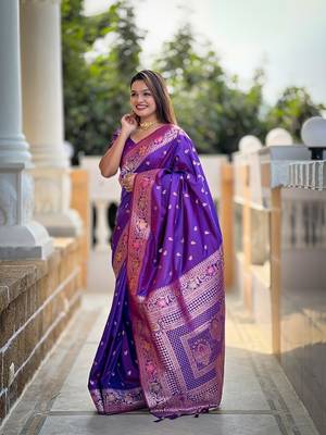 Violet soft banarasi silk blend meenakari weaving saree with unstitched blouse 3