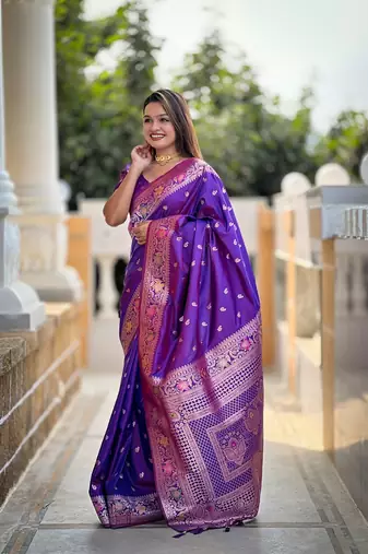 Violet soft banarasi silk blend meenakari weaving saree with unstitched blouse