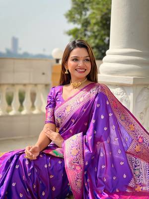 Violet soft banarasi silk blend meenakari weaving saree with unstitched blouse 4