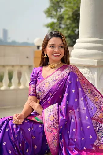 Violet soft banarasi silk blend meenakari weaving saree with unstitched blouse