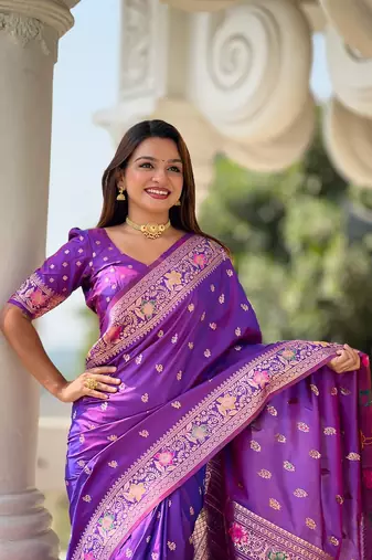 Violet soft banarasi silk blend meenakari weaving saree with unstitched blouse