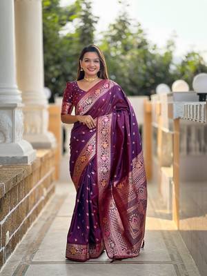 Wine soft banarasi silk blend meenakari weaving saree with unstitched blouse 1