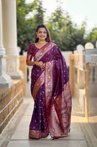 Wine soft banarasi silk blend meenakari weaving saree with unstitched blouse