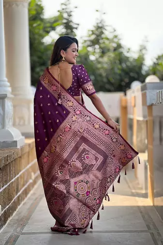 Wine soft banarasi silk blend meenakari weaving saree with unstitched blouse