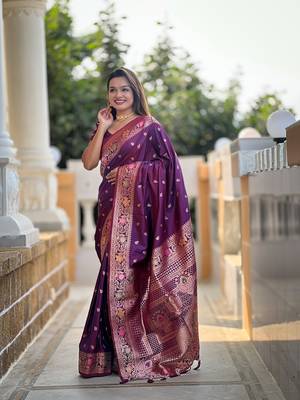 Wine soft banarasi silk blend meenakari weaving saree with unstitched blouse 4