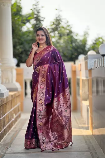 Wine soft banarasi silk blend meenakari weaving saree with unstitched blouse