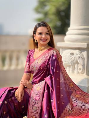 Wine soft banarasi silk blend meenakari weaving saree with unstitched blouse 5