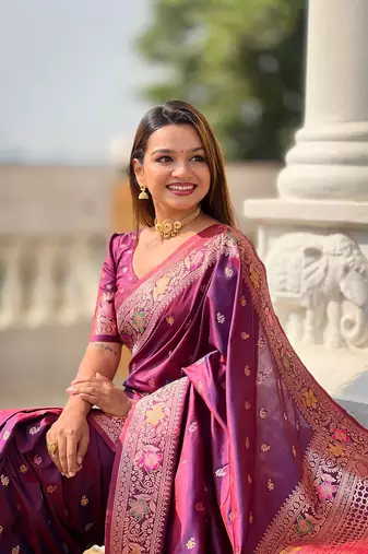 Wine soft banarasi silk blend meenakari weaving saree with unstitched blouse