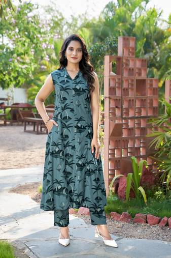 Mojilaa women's blue rayon nature party co-ord set