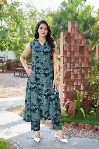 Mojilaa women's blue rayon nature party co-ord set