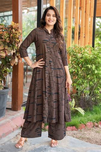 Mojilaa women's brown rayon abstract print party co-ord set