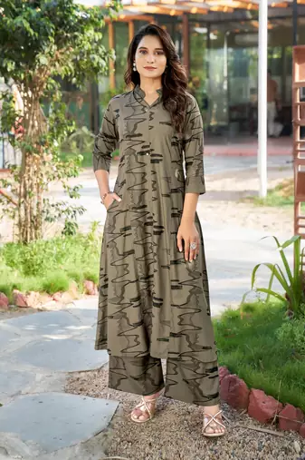 Mojilaa women's khaki rayon abstract print party co-ord set