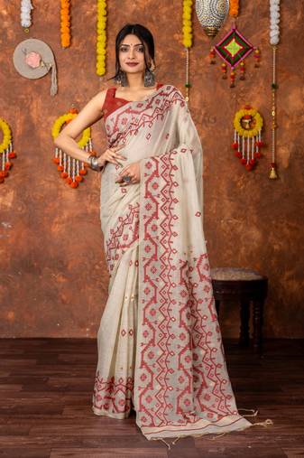 Red muga cotton jamdani saree