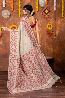 Red muga cotton jamdani saree 2