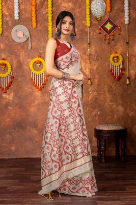Red muga cotton jamdani saree 3