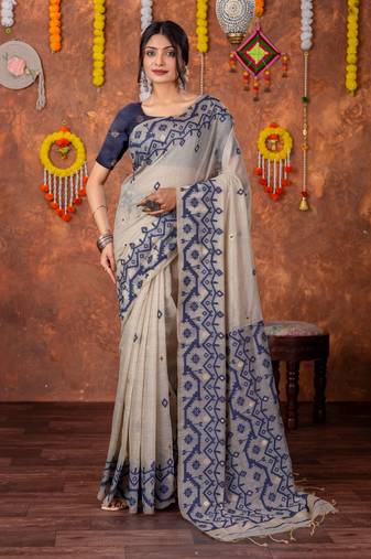 Navy muga cotton jamdani saree