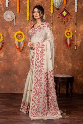 Red muga cotton jamdani saree 4