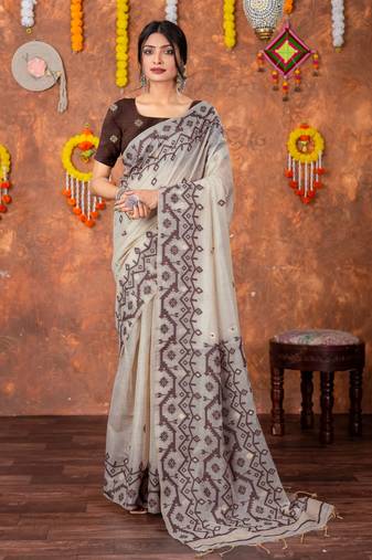 Brown muga cotton jamdani saree