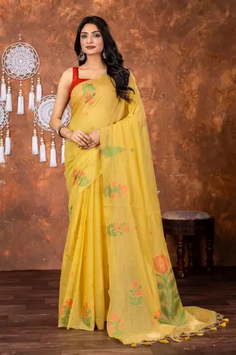 Haldi yellow muga cotton jamdani saree