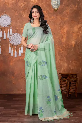 Sea green muga cotton jamdani saree