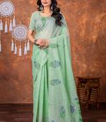 Sea green muga cotton jamdani saree