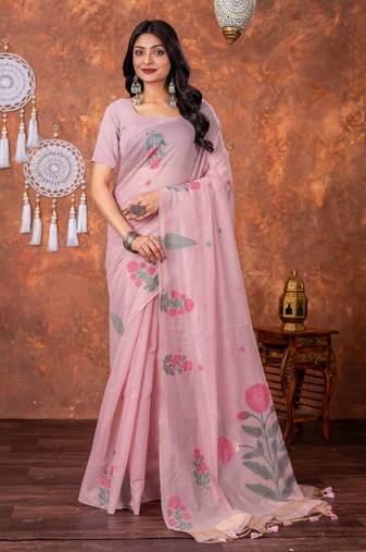 Peony pink muga cotton jamdani saree