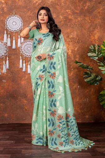 Sea green muga cotton jamdani saree