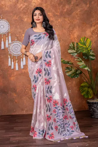 Lavender muga cotton jamdani saree