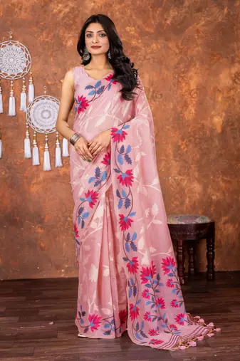 Pink muga cotton jamdani saree