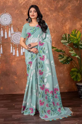 Blue muga cotton jamdani saree