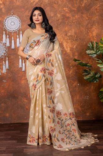 Beige muga cotton jamdani saree